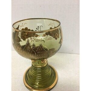 VINTAGE GERMANY" FRANKFURT" OLIVE GREEN GOLD GOBLET ETCHED ENCRUSTED